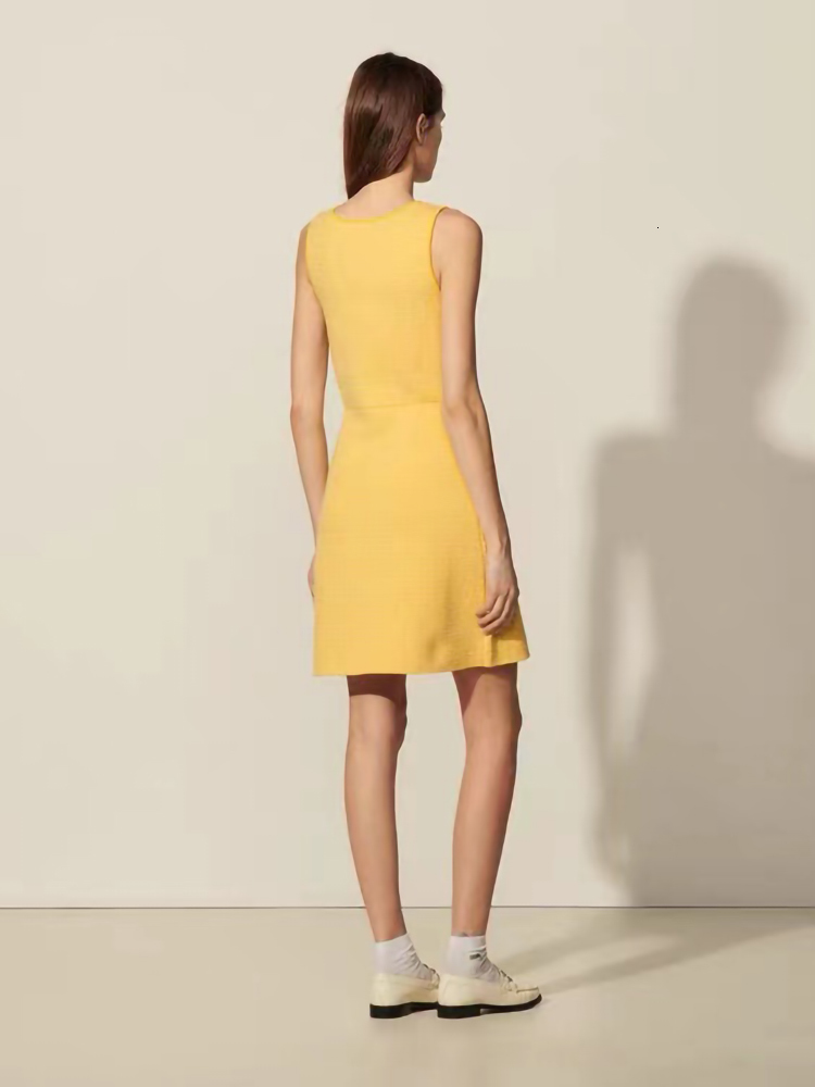 Casual Dresses Summer SANDR* Cotton Blend Tweed Square Neck Sleeveless Camisole Dress for Women Yellow High Waist A-line Ladies Dresses230413