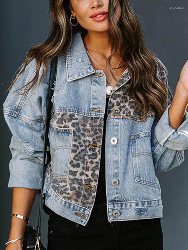 Womens Jackets Fitshinling Leopard Patchwork Jean For Women Clothing Outerwear Fashion Pockets Slim Denim Coat Female Autumn Top 2023