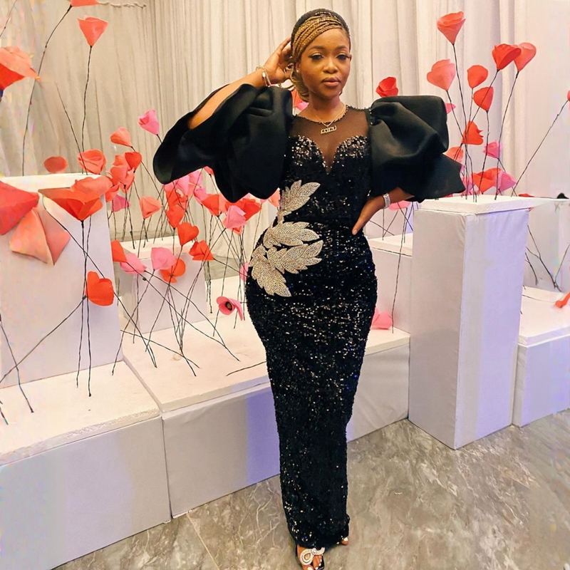 Puffy Sleeves African Prom Dress Plus Size Nigeria Lace Sequins Sheer Neck Elegant Evening Dresses Party Graducation Formal Gowns