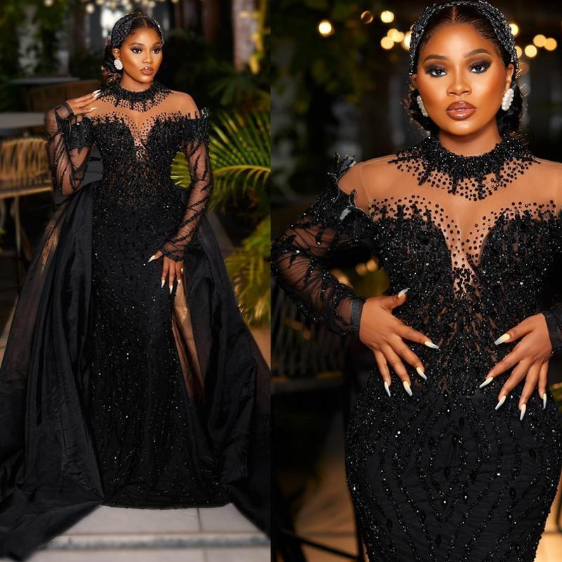 Plus Size Aso Ebi Mermaid Prom Dresses Long Sleeves African Black Girls Glitter Sequin Lace Crystal Tulle Ruffles Bead Evening Gowns Robe De Bal Party