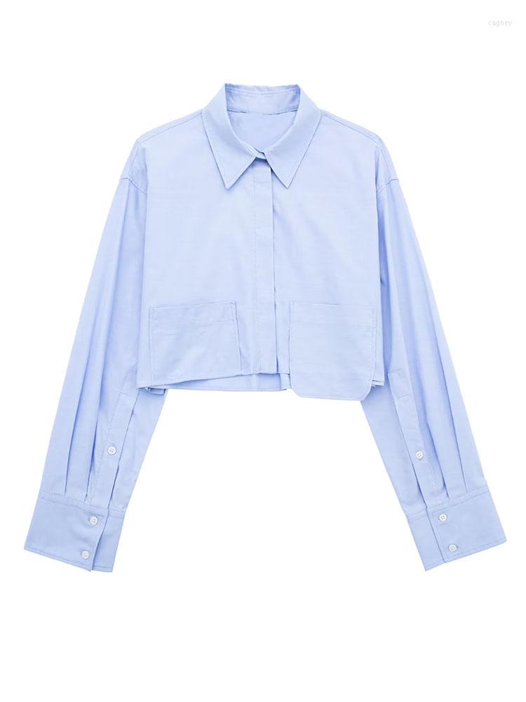 Women's Blouses Spring Shirt Blue Pocket Decoration Lapel Button Short Slim Long-sleeved Blouse Top
Women's Blouses Spring Shirt Blue Pocket Decoration Lapel Button Short Slim Long-sleeved Blouse Top