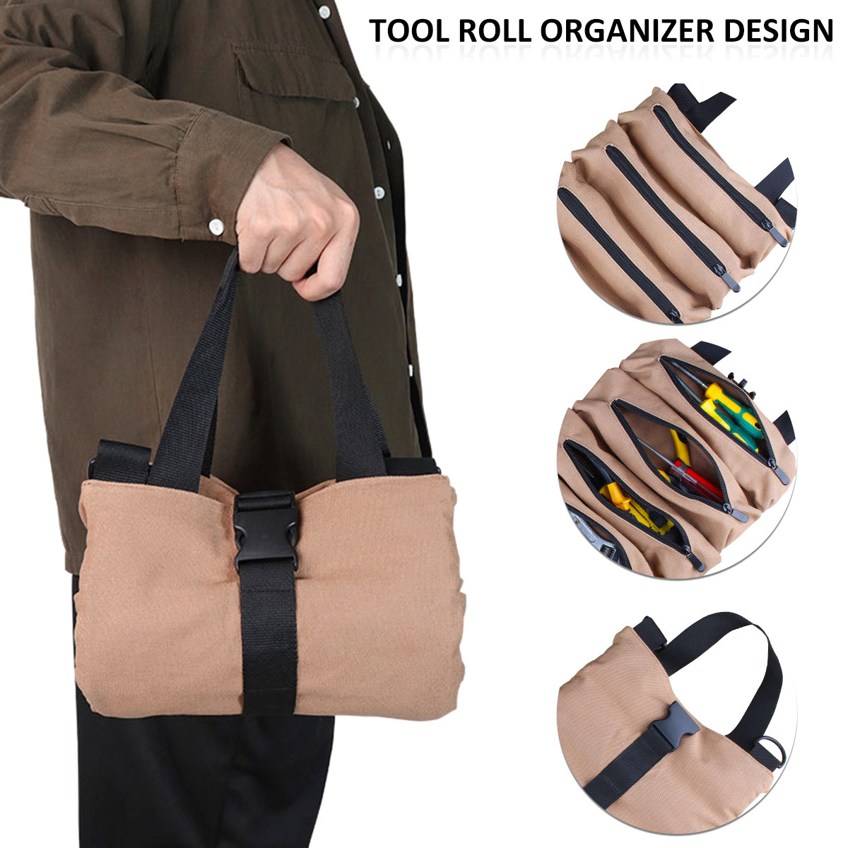 Tool Bag Canvas Tool Roll Up Bag Tool Pouch With 6 Zipper Pockets Large Capacity Tools Wrap Roll Storage Case Hand-held Tool Tote 230413