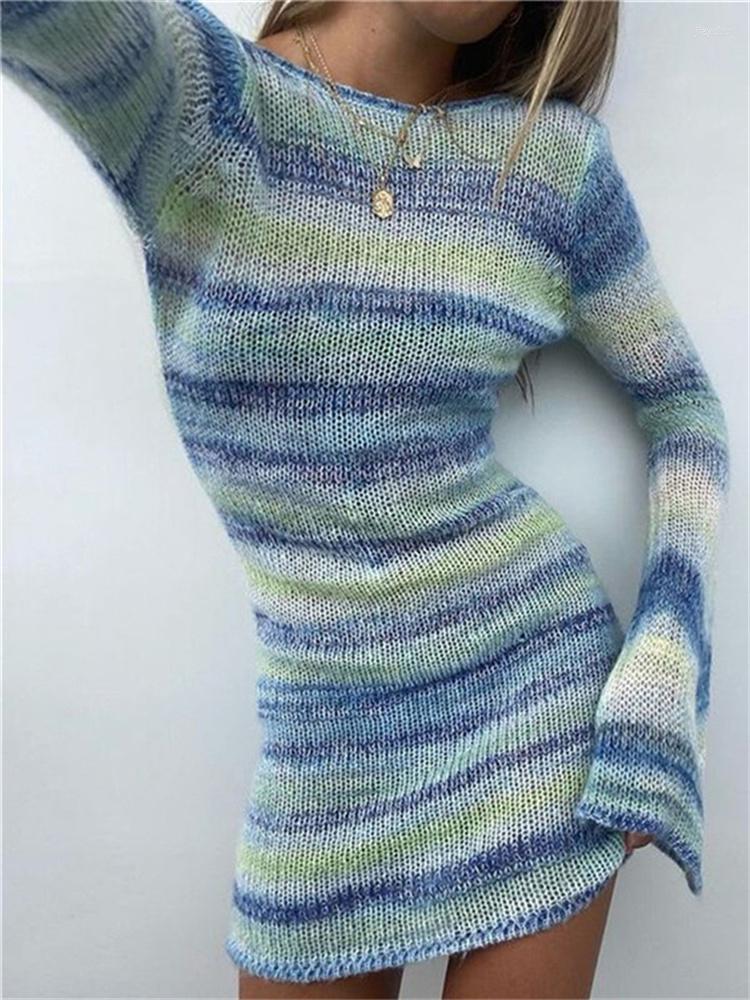 Casual Dresses Women Y2K Knitted Short Dress Colorful Striped Bodycon Mini Slim Fit Long Flare Sleeve Beachwear Vestidos 2023, Blue
Casual Dresses Women Y2K Knitted Short Dress Colorful Striped Bodycon Mini Slim Fit Long Flare Sleeve Beachwear Vestidos 2023, Blue