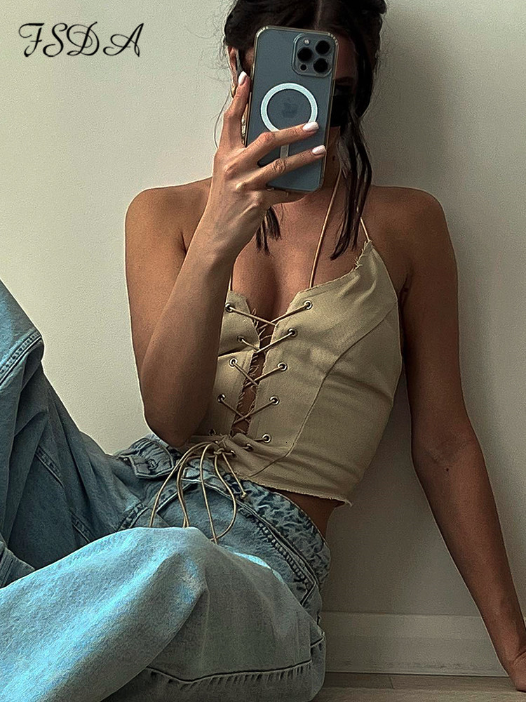 Camisoles Tanks FSDA Halter Neck Bandage Corset Crop Top Sexy Backless Women Tank Tops Tube Casual Y2K Summer Off Shoulder Cami 230412