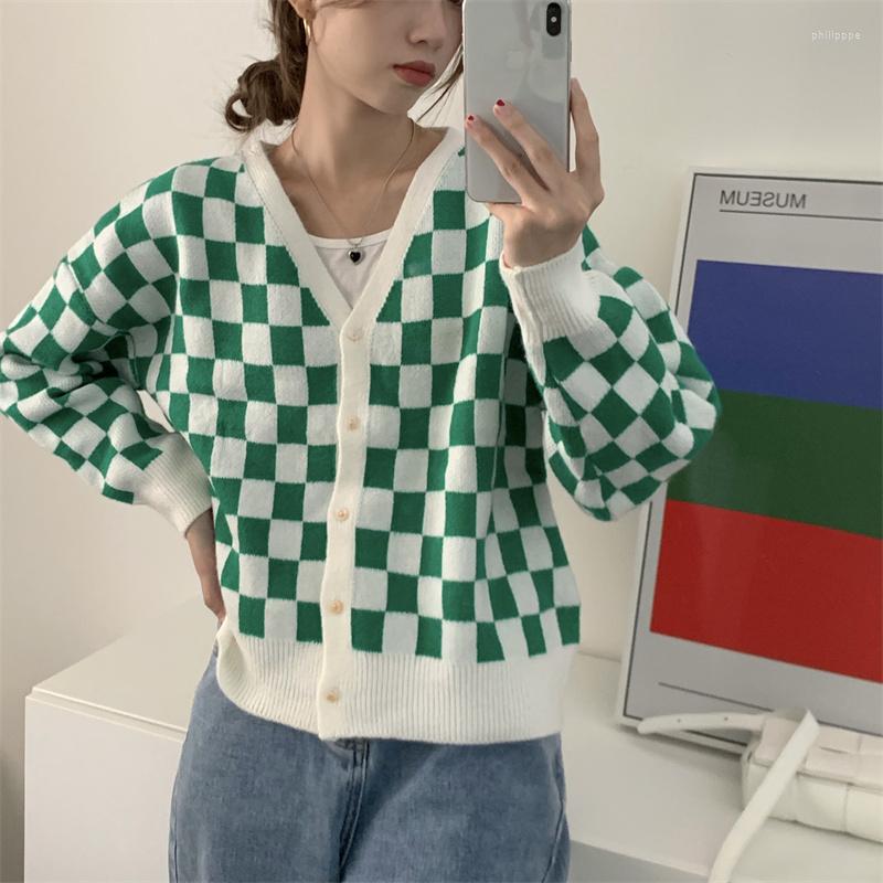 Women's Knits Spring Autumn Loose Lazy Wind Cardigan Checkerboard V-neck Green Long-sleeved Sweater Women
Women's Knits Spring Autumn Loose Lazy Wind Cardigan Checkerboard V-neck Green Long-sleeved Sweater Women
