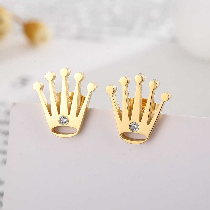 Stud New Gold Color Crown Stud Earrings for Women Stainless Steel Rhinestone Push-Back Earring Fashion Women Wedding Ear Jewelry P230411