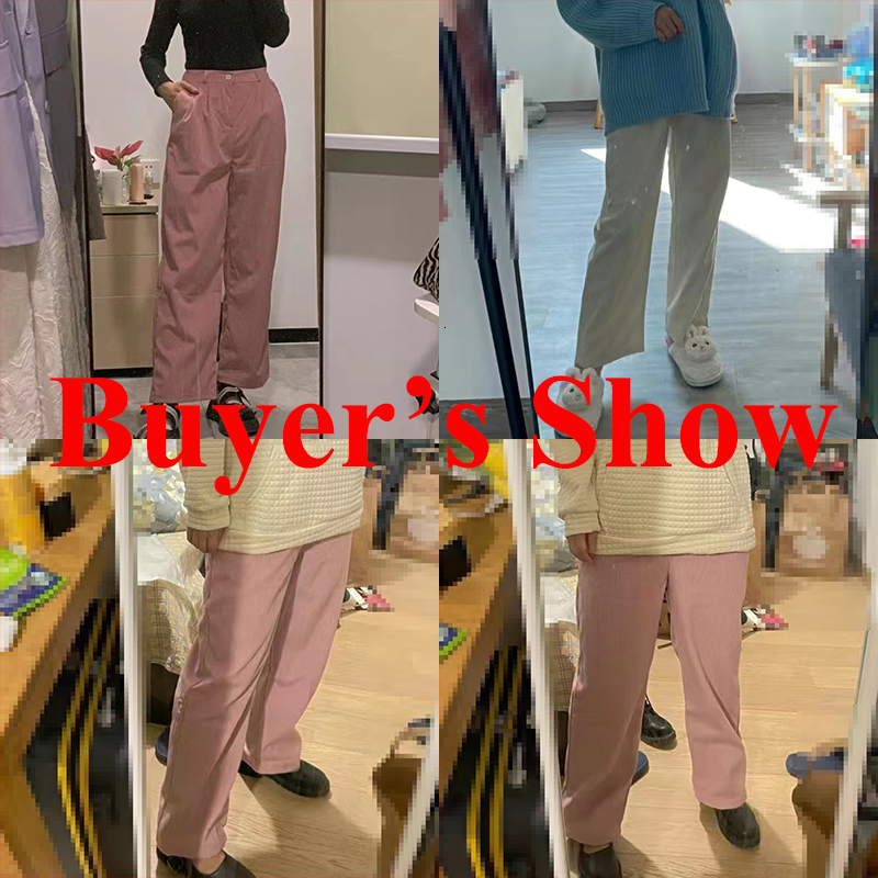Women's Pants Capris Rimocy Korean Wide Leg Straight Pants Women High Waisted Warm Plush Trousers Woman Autumn Winter Loose Corduroy Pants Mujer 