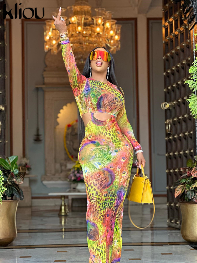 Casual Dresses Kliou Colorful Print Maxi Dress Women Shiny Stunning Hollow Out Full Sleeve O-neck Robe Female Elegant Street Style Lady Bodycon 230413