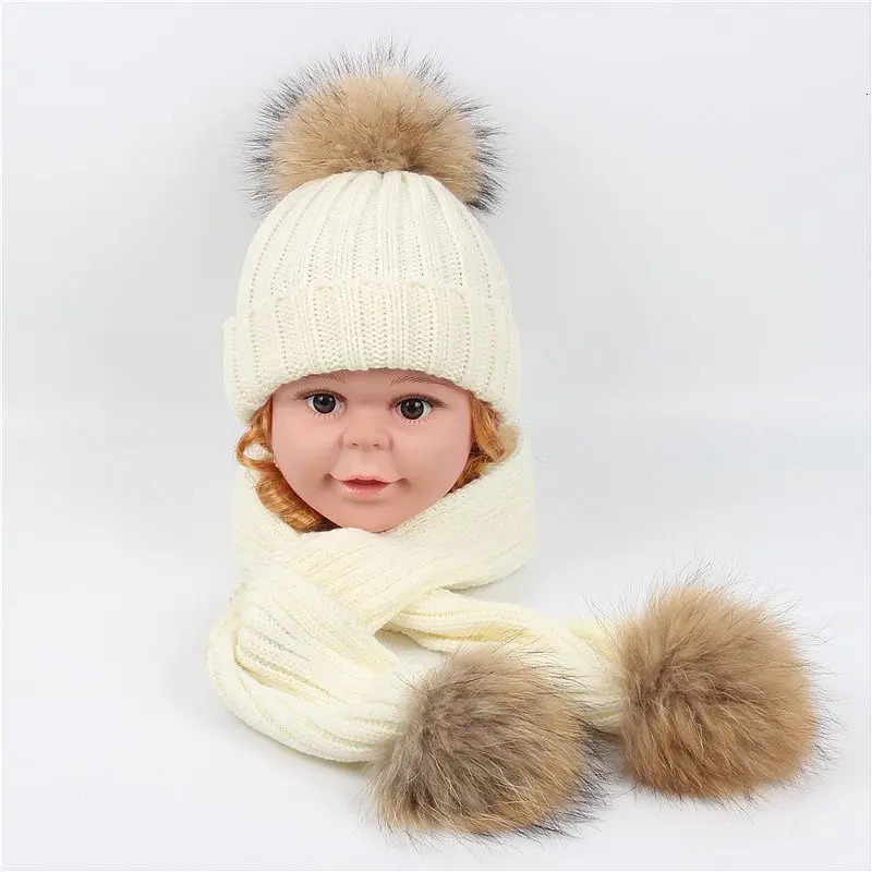 Scarves Wraps Winter Baby Boy Scarf Knitted Raccoon Fur Toddler Gilrs Hat Warm Children Clothes Windproof Kids Snow Wear Cute Child Clothing 231113