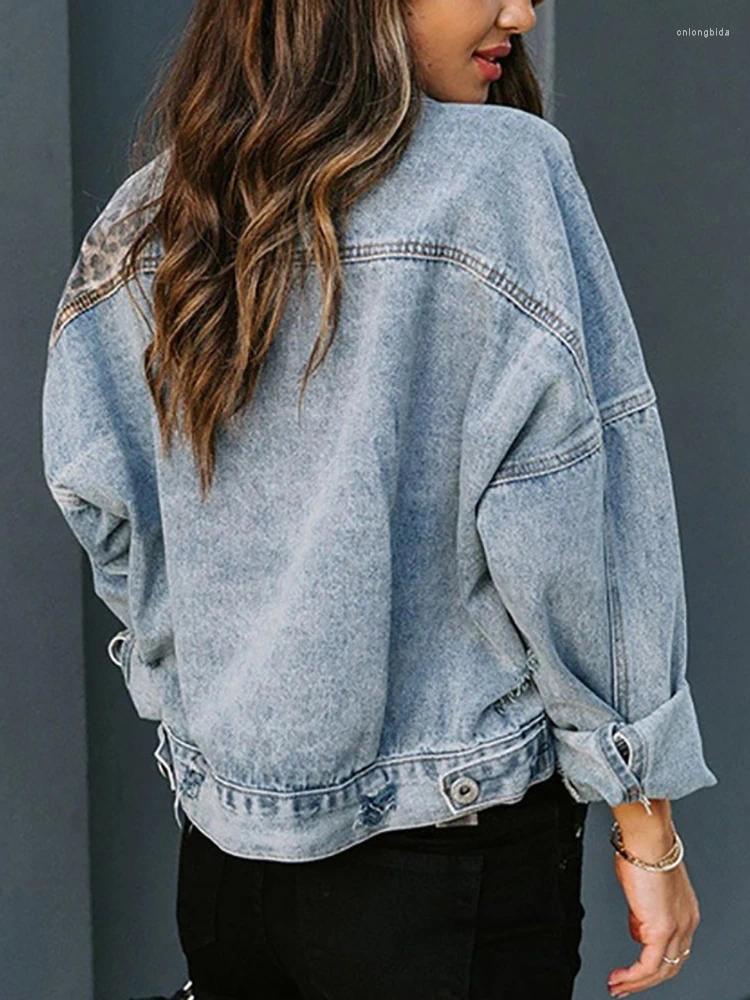 Womens Jackets Fitshinling Leopard Patchwork Jean For Women Clothing Outerwear Fashion Pockets Slim Denim Coat Female Autumn Top 2023