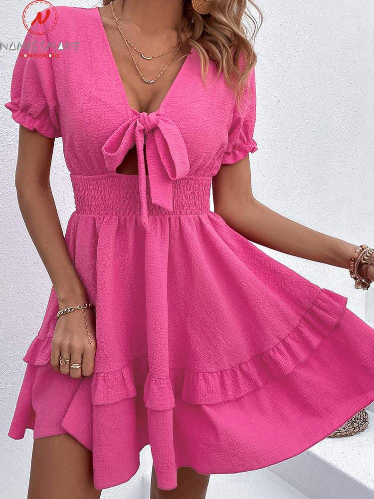 Casual Dresses Fashion Women Summer Solid Color A-Line Dress Hollow Out Design Ruffles Bandage Decor V-Neck Short Sleeve, Rose red
Casual Dresses Fashion Women Summer Solid Color A-Line Dress Hollow Out Design Ruffles Bandage Decor V-Neck Short Sleeve, Rose red