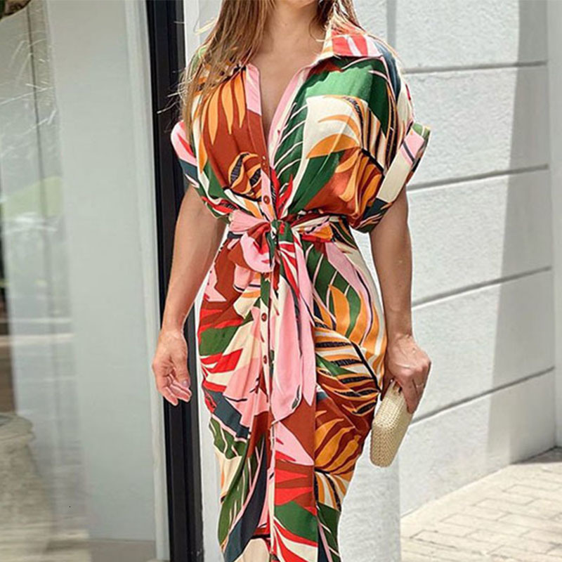 Casual Dresses Wefads Maxi Dress Lapel Leaf Print Short Sleeve Lace Up Single Row Button Skirt Sexy Party Dress Elegant Dresses High Streetwear 230413