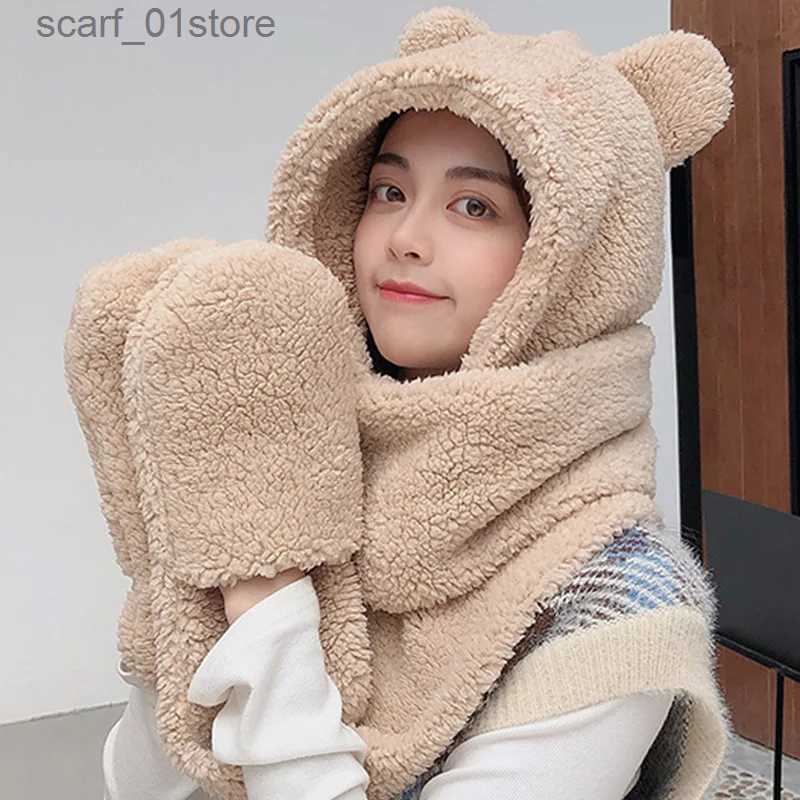 Hats Scarves Sets Lamb Velvet Hat Woman Winter Warm And Cold Hooded Scarf Gs 3-in-1 Sets Female Cute Bear Ear Protection Cotton C With EarsL231111