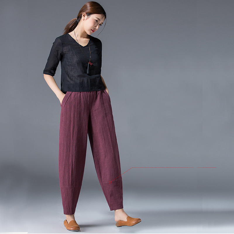 Women's Pants Capris Women's Wide Trousers Vintage Elastic Waist Pocket Cotton Linen Harem Pants Capris Summer Loose Soild Linens Pants for 