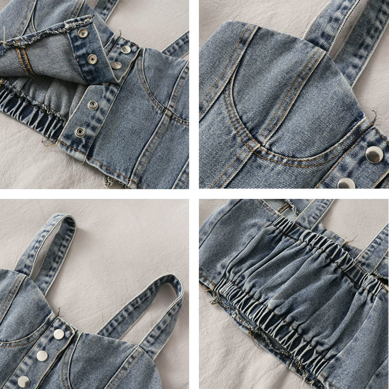 Camisoles Tanks Denim Pleated Tank Tops Single Breasted Slim Fit Camis Women's Short Top Sexy Cropped Crop Top Korean Vest Wholesale 230413