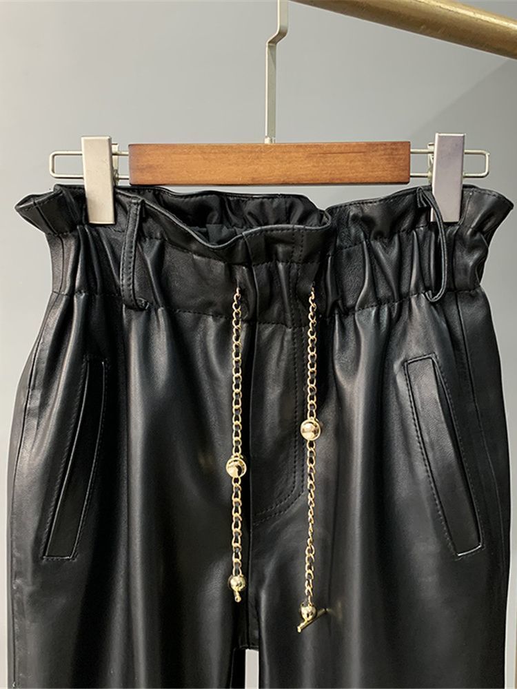 Women's Pants Capris Real leather pants high waist Chains Stitching Genuine sheep Leather pants female was thin leather pants with pockets wy892 
