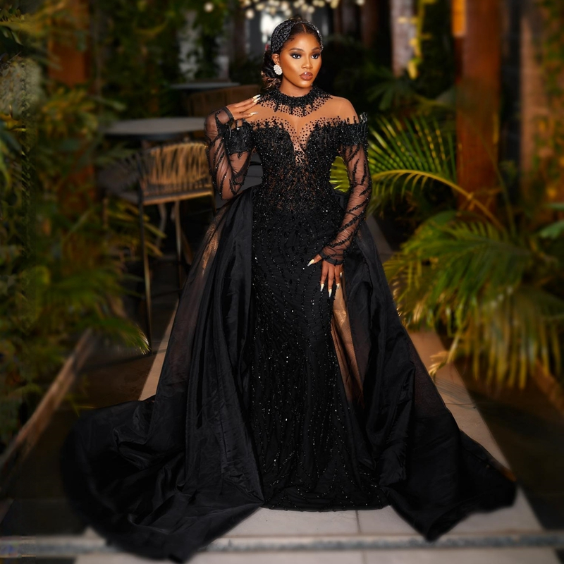 Plus Size Aso Ebi Mermaid Prom Dresses Long Sleeves African Black Girls Glitter Sequin Lace Crystal Tulle Ruffles Bead Evening Gowns Robe De Bal Party