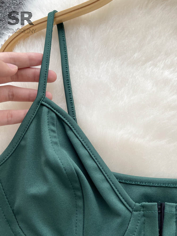 Camisoles Tanks SINGREINY Backless Zipper String Women Camisole Green Elastic Vacation Solid V Neck Fashion Ladies Slim Sexy Y2K Tank Top 230413