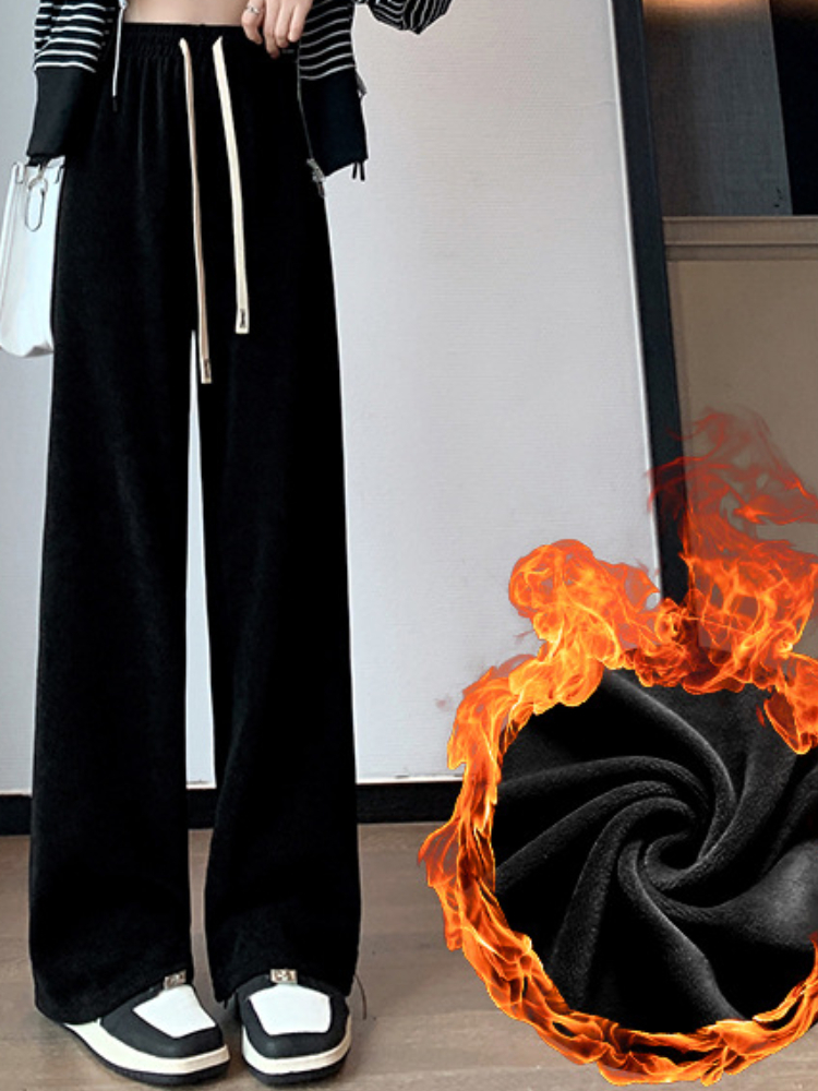 Women's Pants Capris Autumn Winter Korean Lace Up Pants Women Plus Velvet Wide Leg Pants Women's High Waist Straight Warm Loose Trousers 230