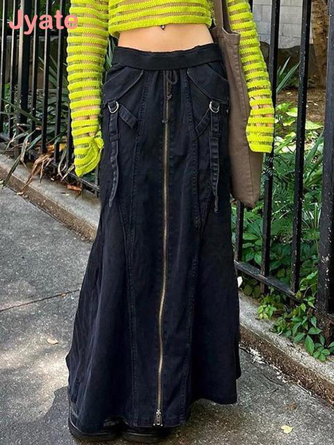 Vintage Skirts Jyate Maxi Denim Women Y2k Grunge Streetwear Pockets Chic Long Female Casual Harajuku Aesthetic Faldas 2