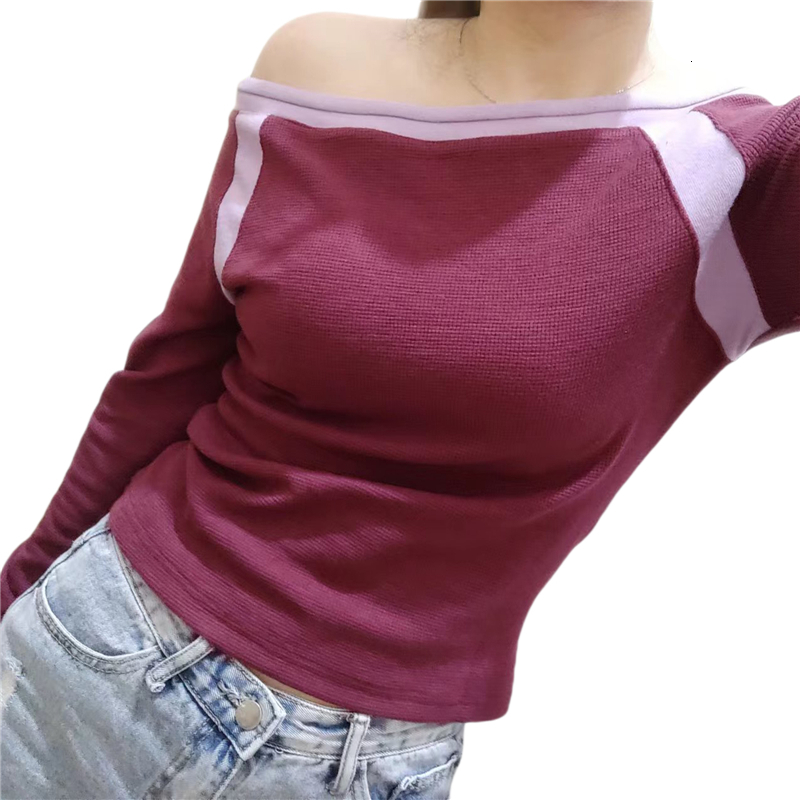 Women's T-Shirt Xingqing Fairy Grunge Top y2k Vintage Aesthetic Patchwork Off Shoulder Long Sleeve T Shirt 2000s Women Clothes Casual Streetwear 