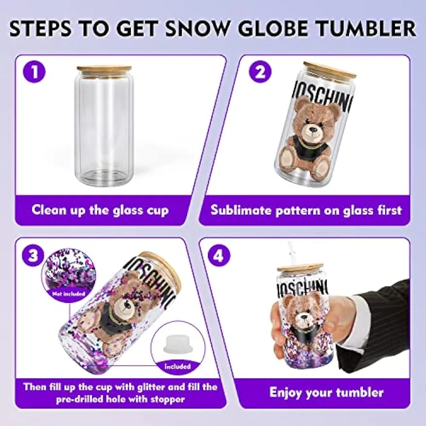 Double wall glass tumbler 16 OZ sublimation glass billet with bamboo lid and straw pre-drilled borosilicate glass beer can snowball glitter 1113