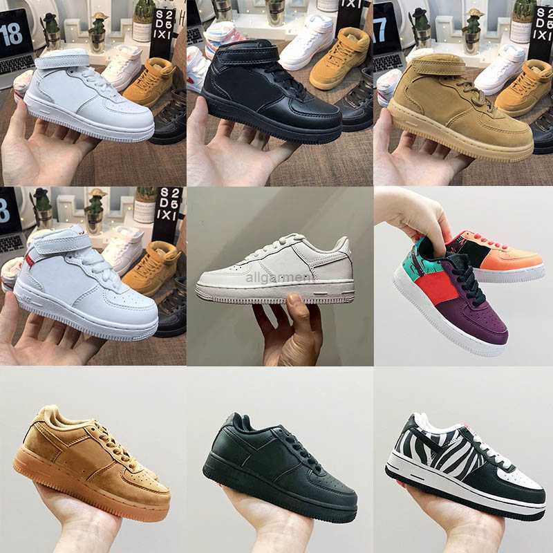 

Kids Children Airforces Casual Shoes Hook Loop Boys Girls Af1S Low Skateboard Shoes White Triple Black Wheat Baby Toddlers Students Sports Sneakers Trainer EUR25-35, With box