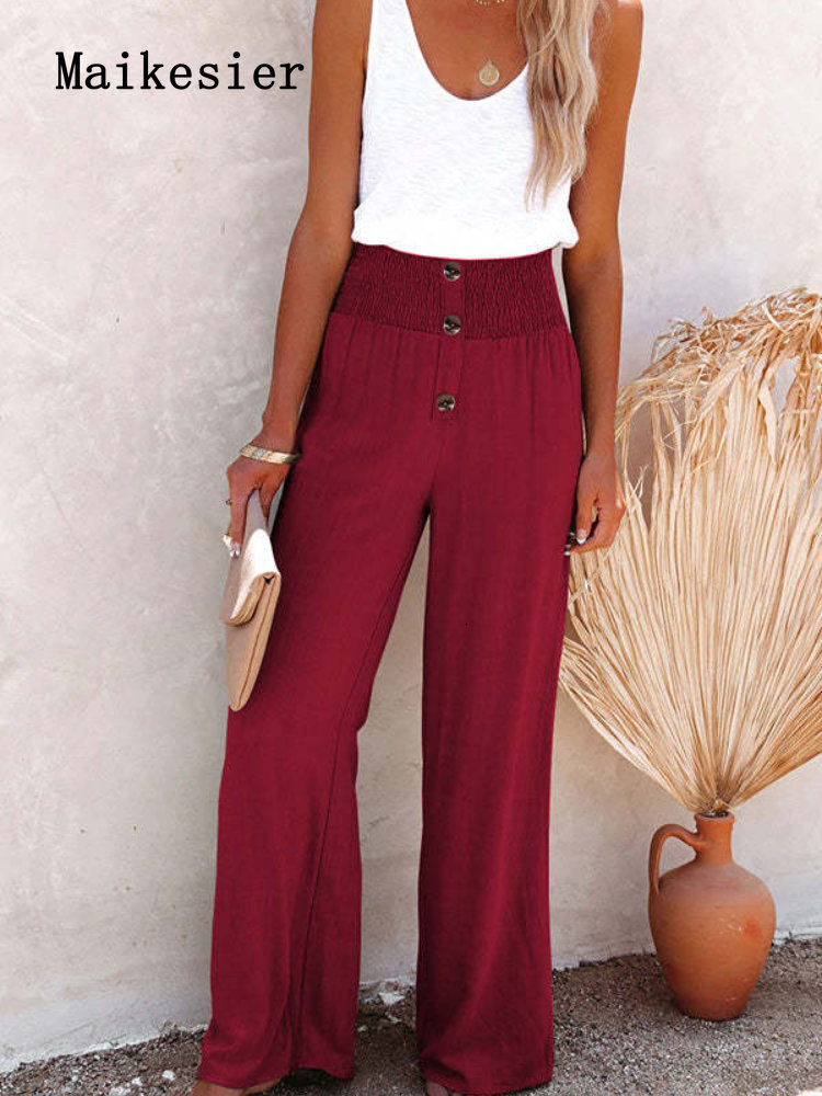 Women's Pants Capris Spring Summer Elastic Waist Solid Cotton Linen Loose Clothes Wide Leg Women's Trousers Oversize Woman Pants Baggy Pants