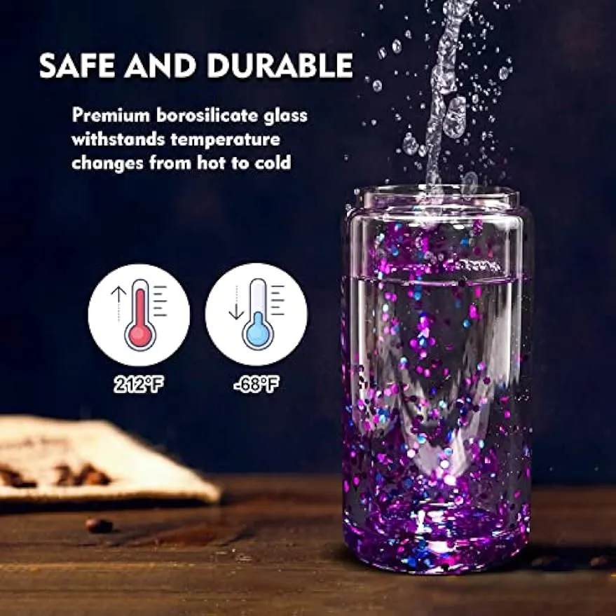 Double wall glass tumbler 16 OZ sublimation glass billet with bamboo lid and straw pre-drilled borosilicate glass beer can snowball glitter 1113