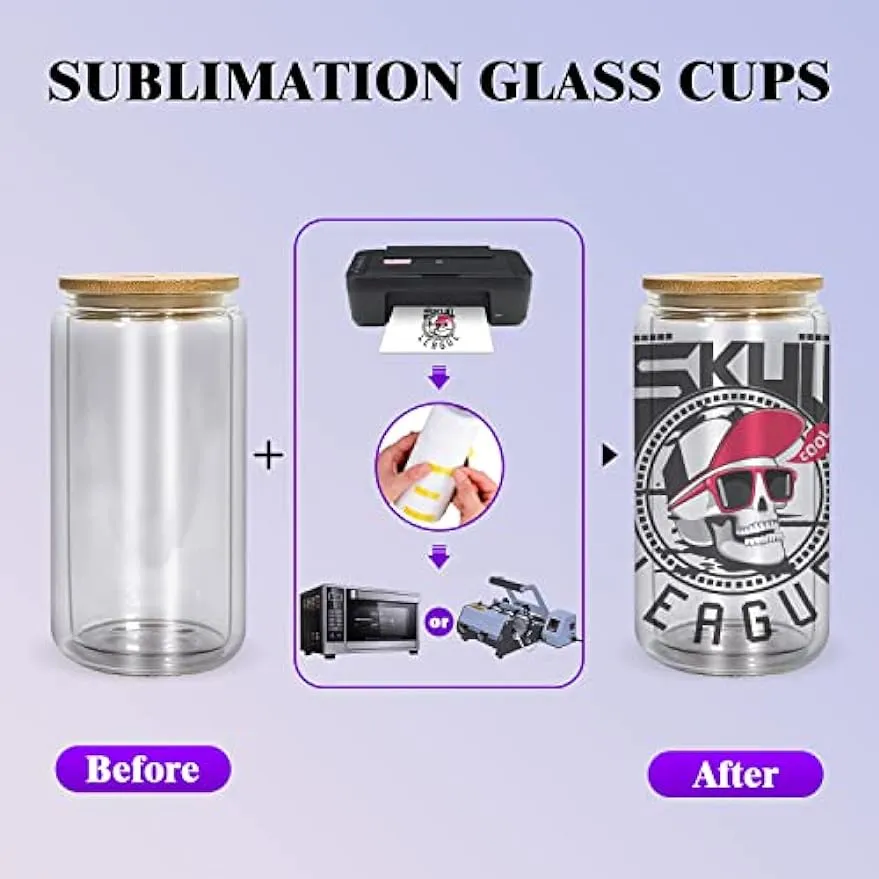 Double wall glass tumbler 16 OZ sublimation glass billet with bamboo lid and straw pre-drilled borosilicate glass beer can snowball glitter 1113