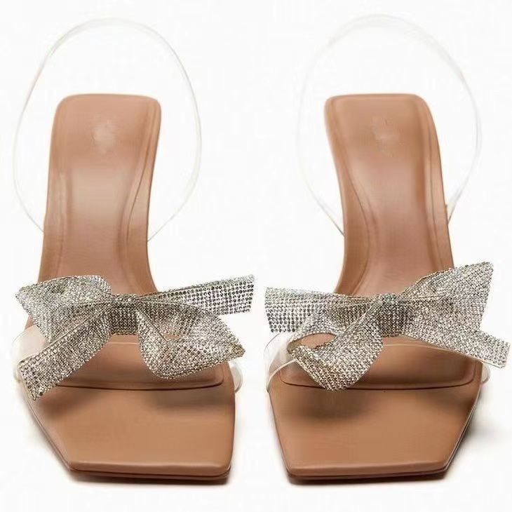 Sandals 2023 Summer Transparent PVC Fashion High Heels Slim Sandals Bow Ties External Slippers Square Headed Women's Shoes