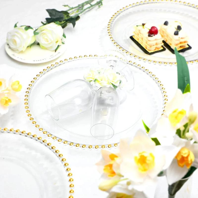 Plates /100 Pieces Clear Plastic Charger With Gold Beads Rim Acrylic Decorative Service Plate B5