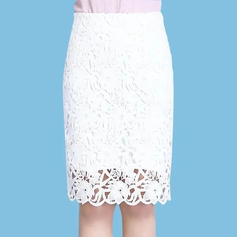 Skirts Lace Skirt Womens Mid-length Summer Fashion A-line Bag Hip Skirt High Waist Slimming Skirt Jupe Femme Faldas Mujer Moda 230413