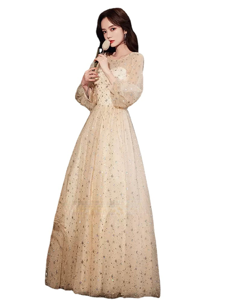 Bling Evening Dresses Woman Champagne O-neck Sequins Tulle Full Sleeves Pleat A-line Floor-length Plus size Formal Party Dress
Bling Evening Dresses Woman Champagne O-neck Sequins Tulle Full Sleeves Pleat A-line Floor-length Plus size Formal Party Dress