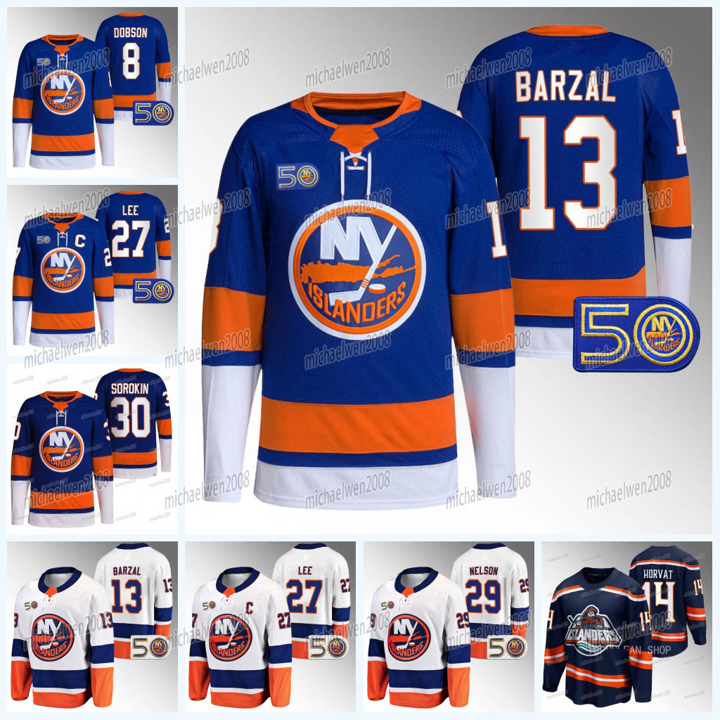 

13 Mathew Barzal Islanders Jersey Anders Lee Noah Dobson Ilya Sorokin Matt Martin Josh Bailey Casey Cizikas Bo Horvat Brock Nelson Ryan Pulock New York, Navy