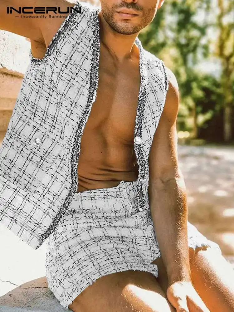 Men s Tracksuits INCERUN Fashion Men Sets Plaid V Neck Sleeveless Button Vests Shorts Two Pieces Streetwear 2023 Casual Suits S 5XL 231113