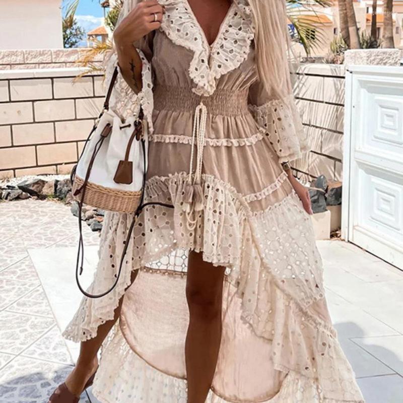 Casual Dresses Long Dress Female Clothing V-Neck Lace Patchwork Trim 3/4 Sleeve High Low Hem Women Waist Tight Tassel Lace-up Decor Swing, Khaki
Casual Dresses Long Dress Female Clothing V-Neck Lace Patchwork Trim 3/4 Sleeve High Low Hem Women Waist Tight Tassel Lace-up Decor Swing, Khaki