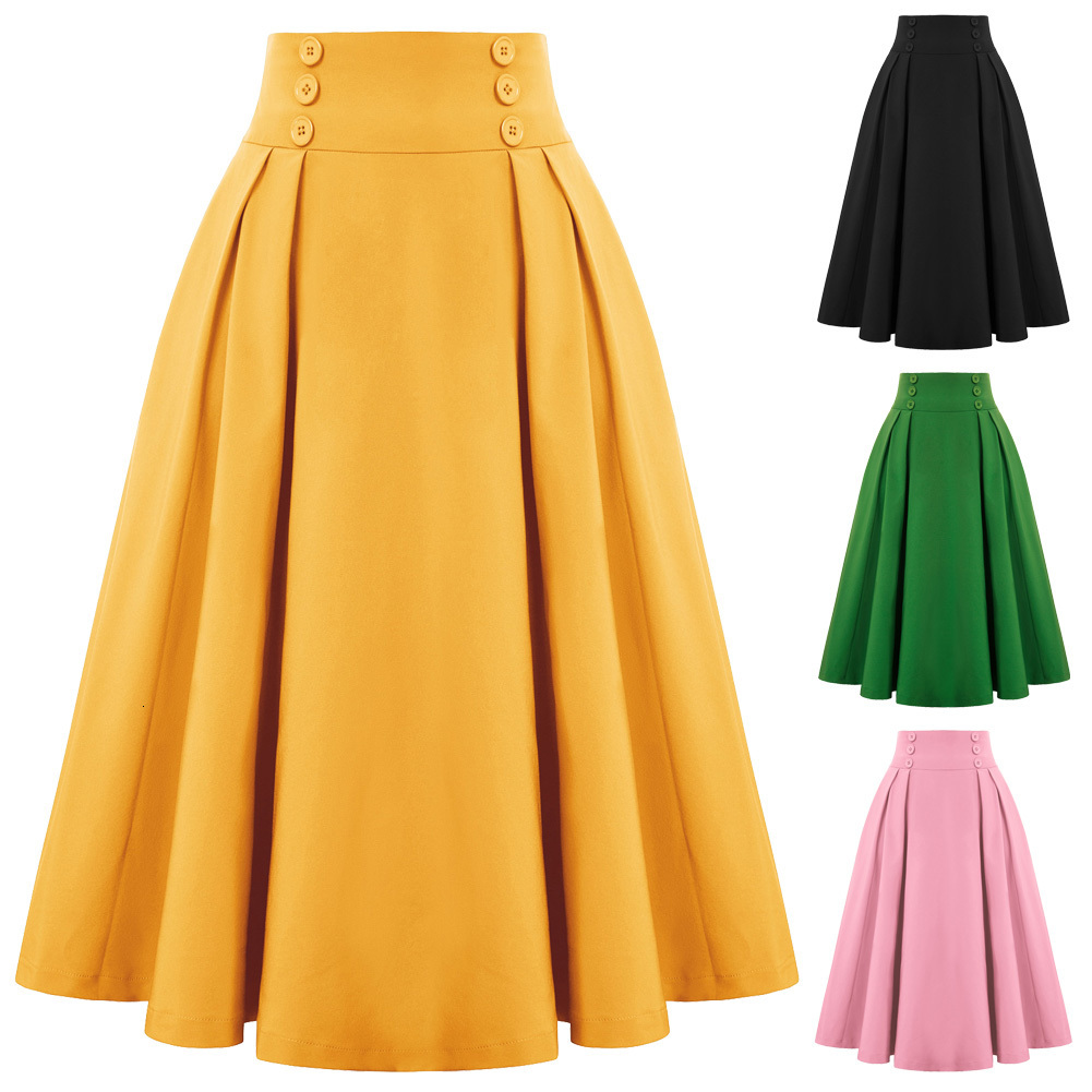 Skirts Belle Poque Women Pleated Swing Skirt Buttons Decorated Elastic Waist High Waist Retro Skirts Steampunk Casual Party Mid-calf 230413
