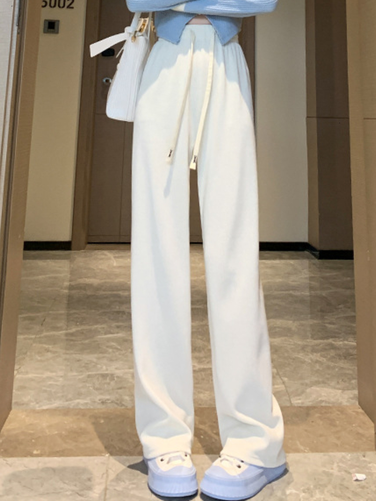 Women's Pants Capris Autumn Winter Korean Lace Up Pants Women Plus Velvet Wide Leg Pants Women's High Waist Straight Warm Loose Trousers 230