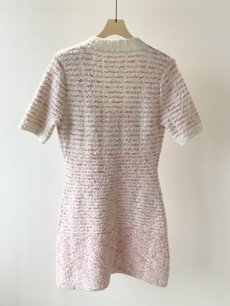 Casual Dresses Women U Neck Knitted Mini Dress Short-Sleeved Ladies White Pink Color Mixed Single-Breasted Short Robes With Pockets 230413