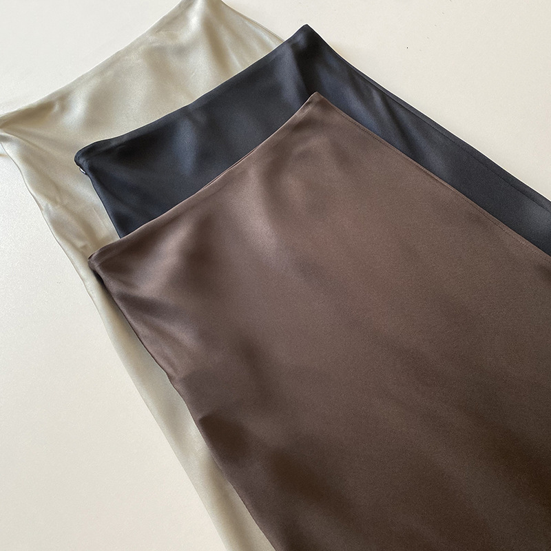 Skirts Trumpet Midi Skirt Women Silk High Waist Solid Color Ladies Jupe Spring Summer 230413