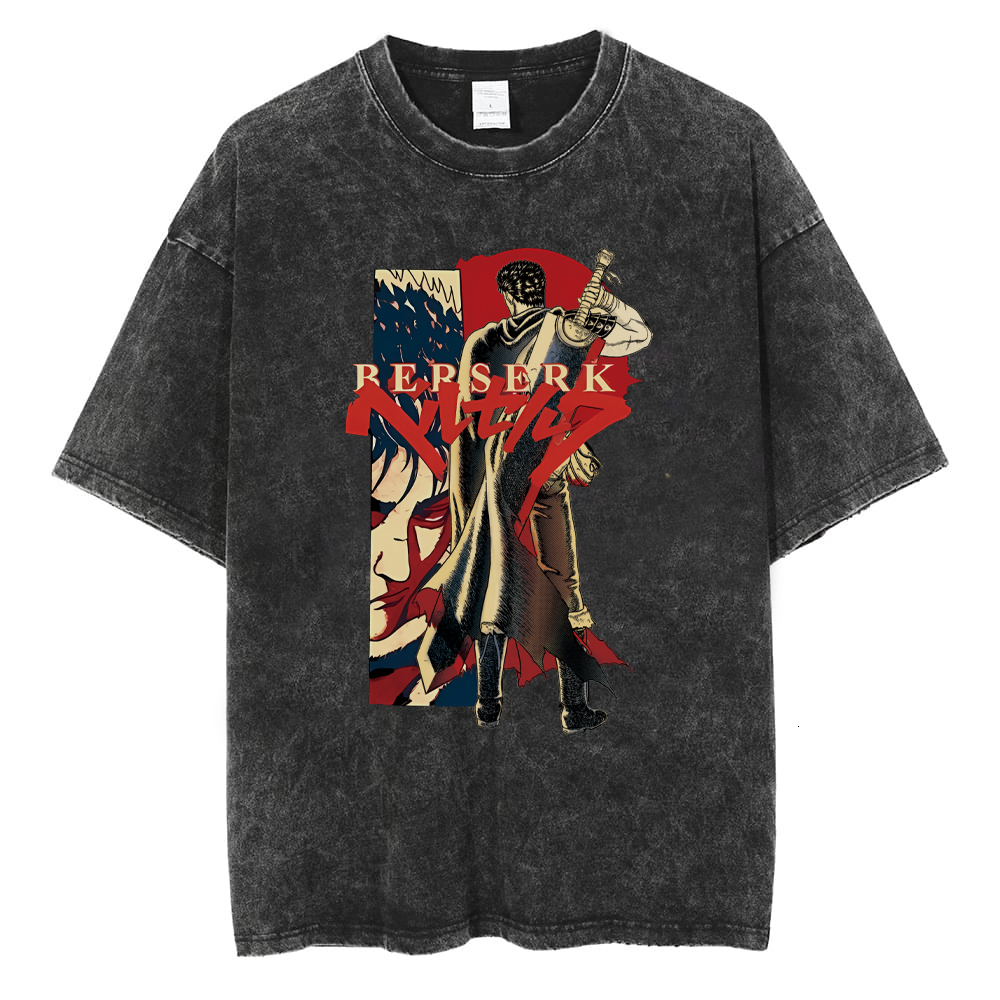 Men's T-Shirts Hip Hop Streetwear Men Washed T-shirts Anime Berserk Print T Shirt Summer 100% Cotton Retro Tees Unisex Breathable Casual Tees 230