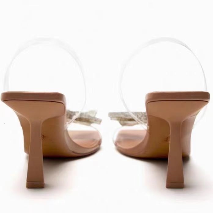 Sandals 2023 Summer Transparent PVC Fashion High Heels Slim Sandals Bow Ties External Slippers Square Headed Women's Shoes