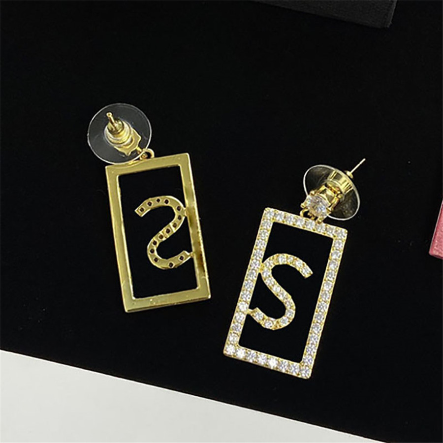 Square Golden Stud Earrings Womens Full Diamond Letter Earrings High quality Pendant Stud Earring Exquisite Versatile