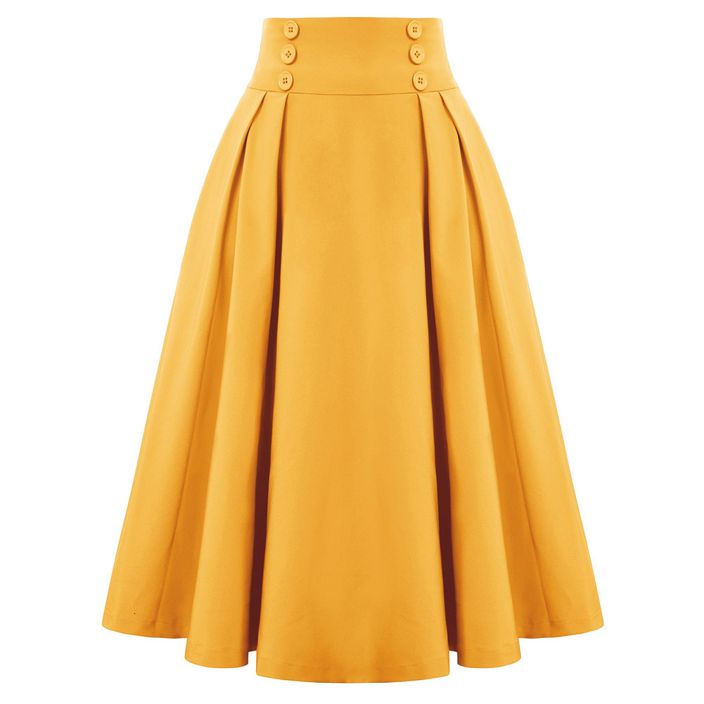 Skirts Belle Poque Women Pleated Swing Skirt Buttons Decorated Elastic Waist High Waist Retro Skirts Steampunk Casual Party Mid-calf 230413