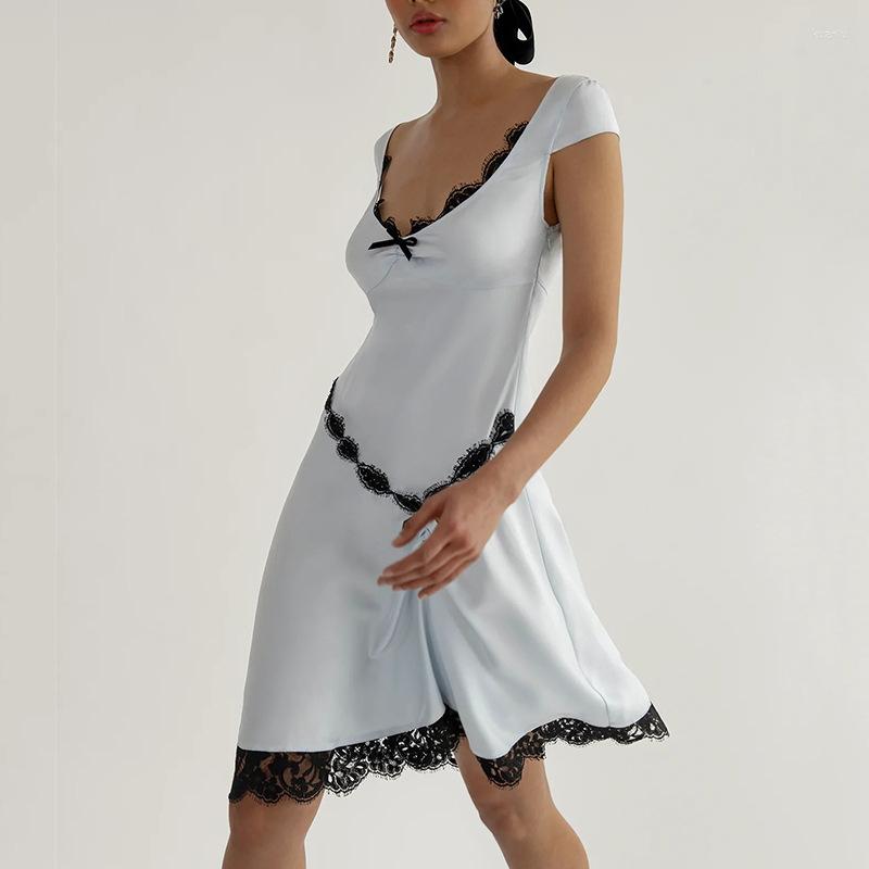 Casual Dresses Satin Lace V-Neck Shirring Asymmetrical Slim Midi Dress Women Sexy Solid 2023 Spring Summer Sweet Partywear, Light blue
Casual Dresses Satin Lace V-Neck Shirring Asymmetrical Slim Midi Dress Women Sexy Solid 2023 Spring Summer Sweet Partywear, Light blue