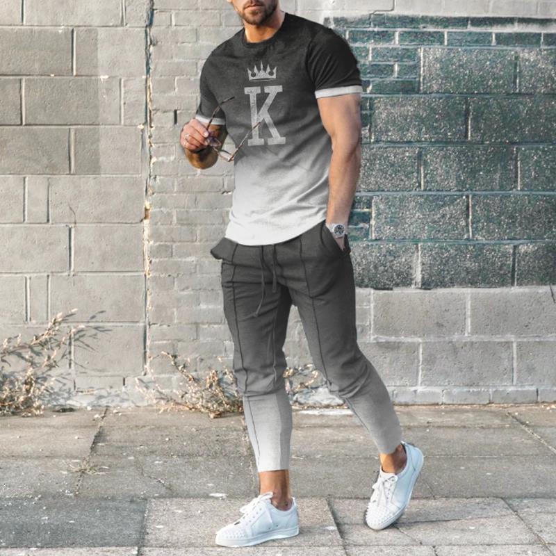 Mens Tracksuits Mens Trousers Tracksuit 2 Piece Set Fashion Sportswear Summer Streetwear Short Sleeve T ShirtLong Pants Male Clothing 230413