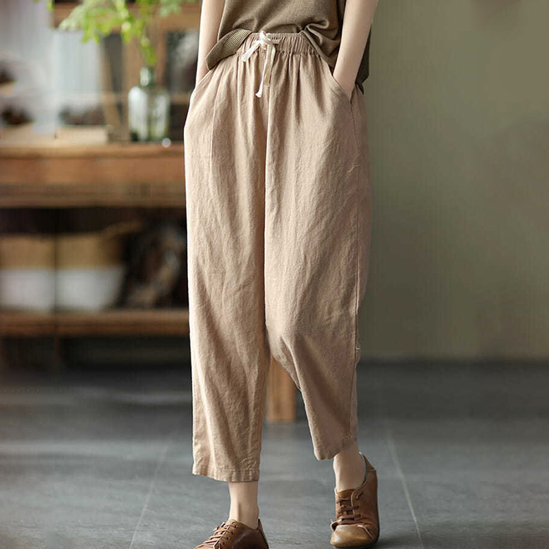 Women's Pants Capris Rimocy Summer Casual Cotton Linen Pants Women Retro Pockets Loose Harem Pants Woman Solid Elastic Waist Trousers Female 2304