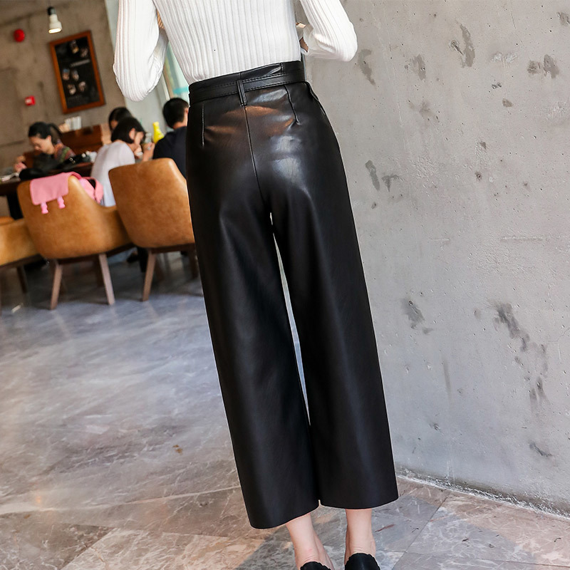 Women's Pants Capris PU Leather Pants For Women Wide Leg High Waisted Anke-length Women's Pants With Belt Autumn Loose Ladies Trousers 23041
