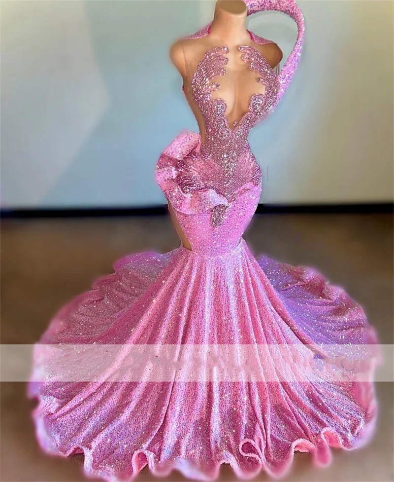 New Sexy Dias Long Pink Prom Dresses For Black Girl 2024 Sparkly Beads Crystals Rhies Birthday Party Gowns Robe De Bal